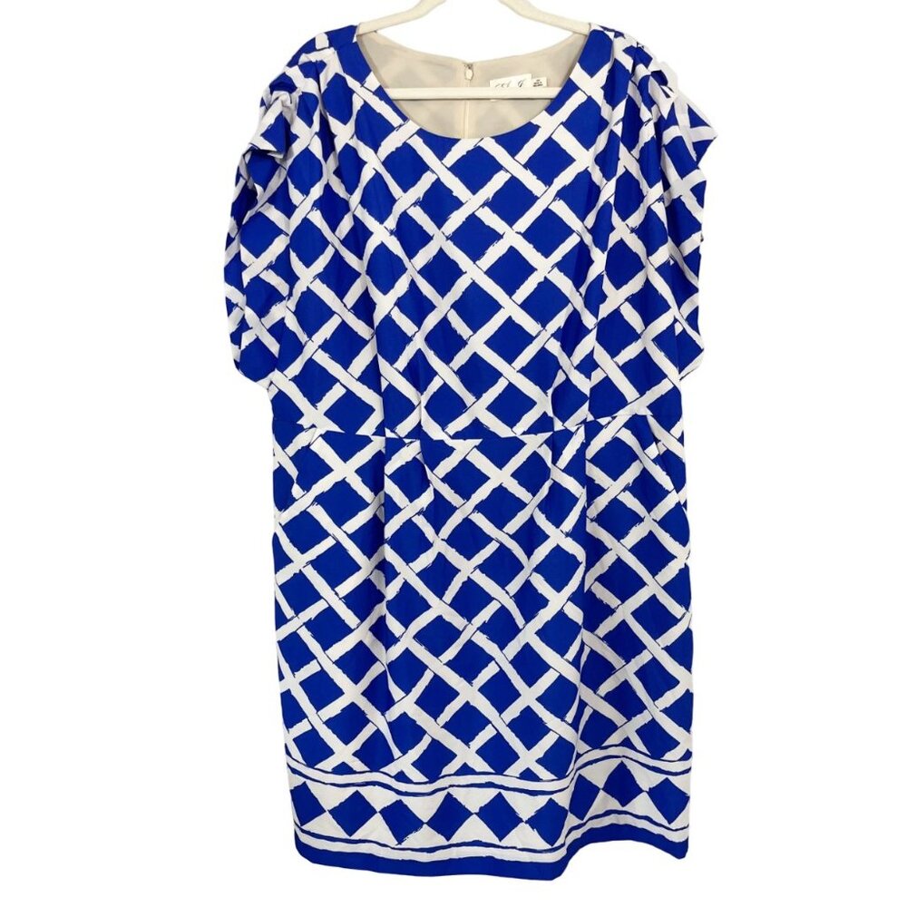 Eliza J Blue Trellis Print Pleated Dress Pockets Business Cocktail Size 18W